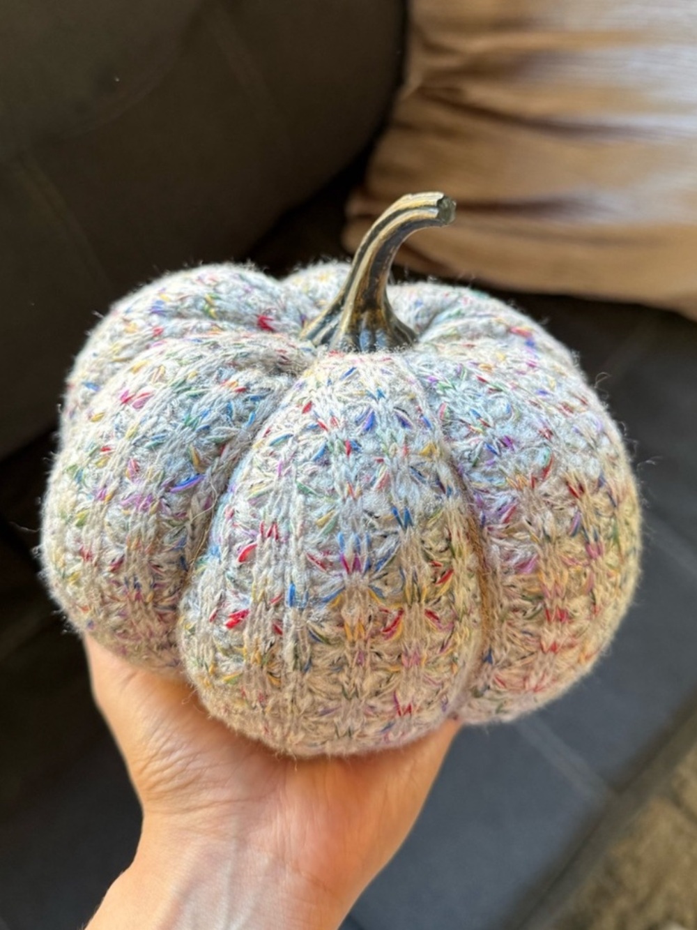 Handmade Knit Decorative Pumpkin - Heathered Gray with Multicolor Flecks